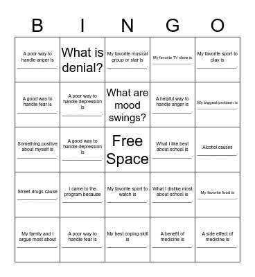 Coping Skills Bingo Card