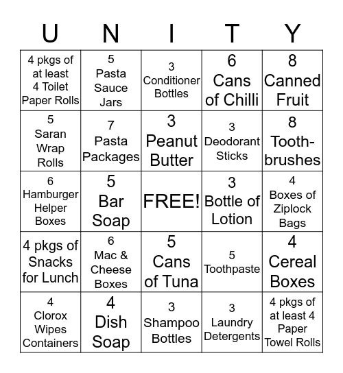 Community Unity Bingo Drive Bingo Card