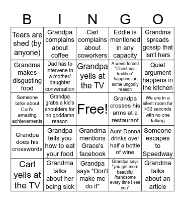 Family Suffering Bingo Card