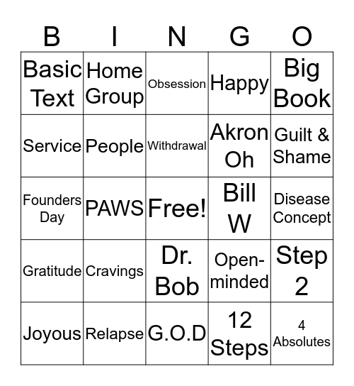 Sober and Clean #6 Bingo Card