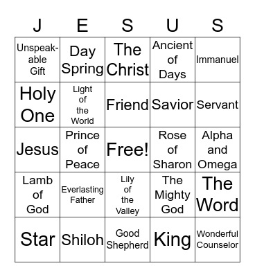 N   A   M   E   S                  O  F Bingo Card