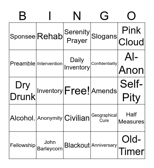 Clean & Sober 7 Bingo Card