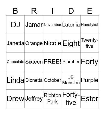 Dionetta's Bridal Shower Bingo Card