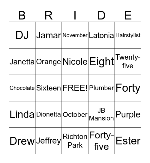 Dionetta's Bridal Shower Bingo Card