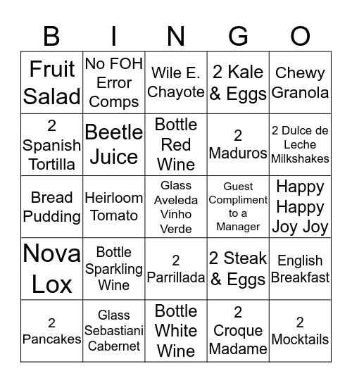 B&G BRUNCH BINGO Card