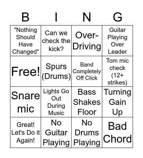 Band Rehearsal Bingo Card