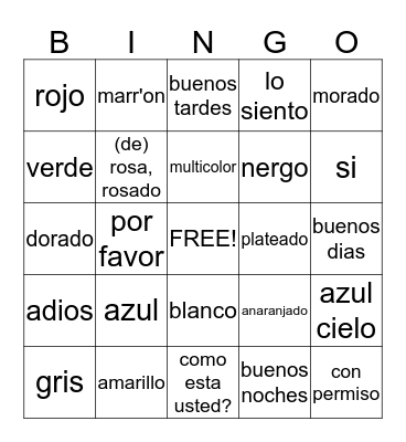 Phrases/Colors in Spanish Bingo Card