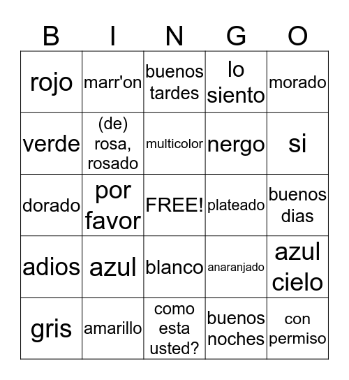 Phrases/Colors in Spanish Bingo Card