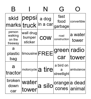 Road Trip Bingo Card