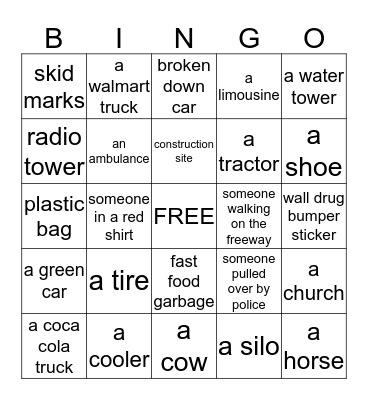 Road Trip Bingo Card