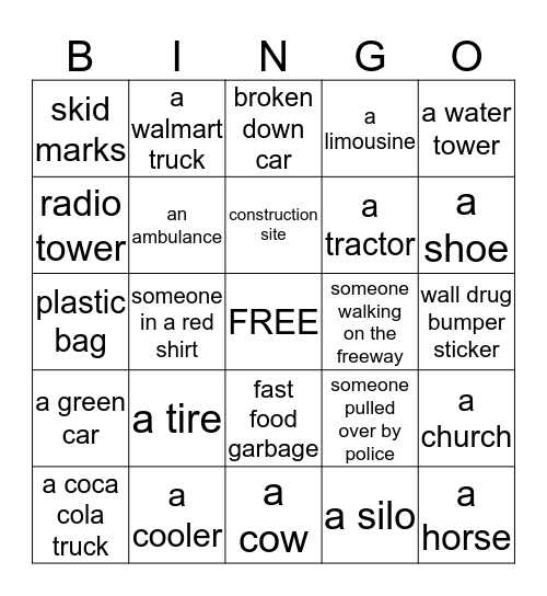 Road Trip Bingo Card