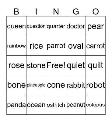 O,P and Q Bingo Card