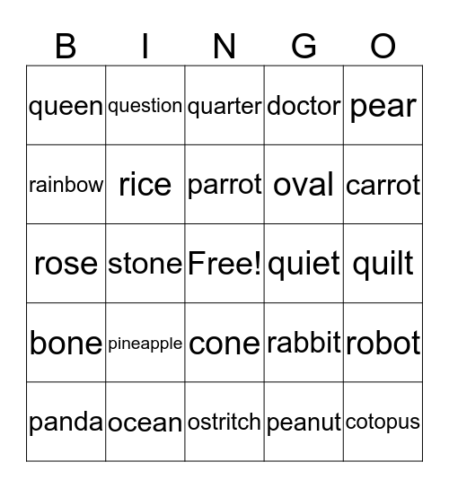 O,P and Q Bingo Card