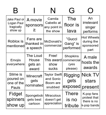 Kids Choice Awards 2018 Bingo Card