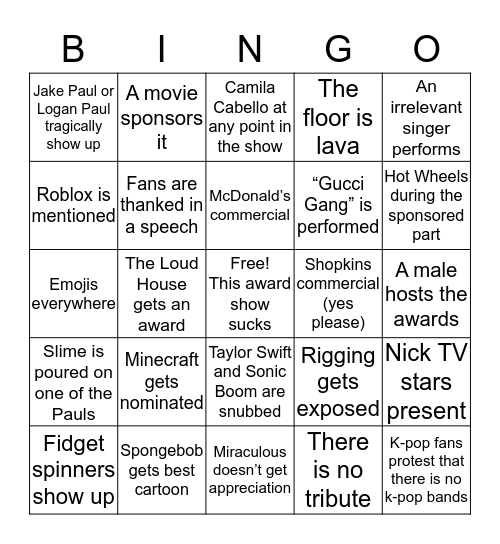 Kids Choice Awards 2018 Bingo Card