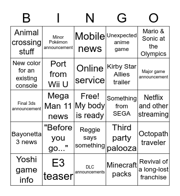 January 2018 Nintendo direct Bingo Card