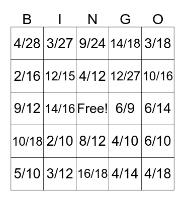 Equivalent Fraction Bingo Card