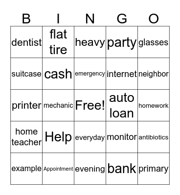 English Words Bingo Card
