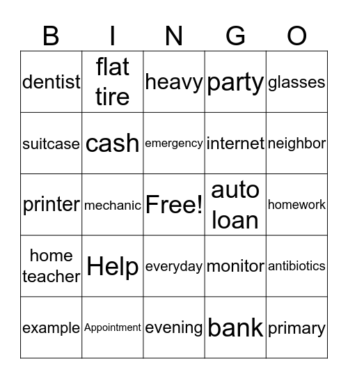 English Words Bingo Card