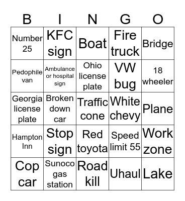 Road trip bingo Card