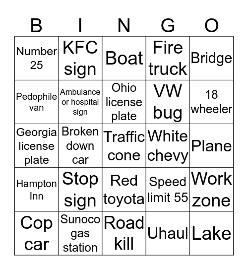 Road trip bingo Card