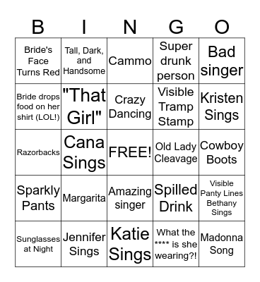 Jennifer's Bachelorette Party Bingo Card