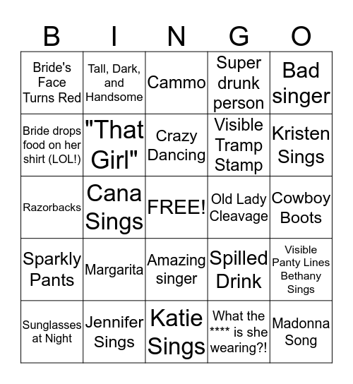 Jennifer's Bachelorette Party Bingo Card