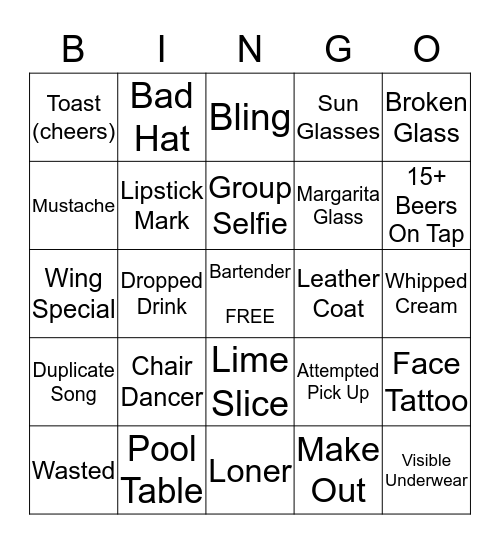 Pub Crawl Bingo Card