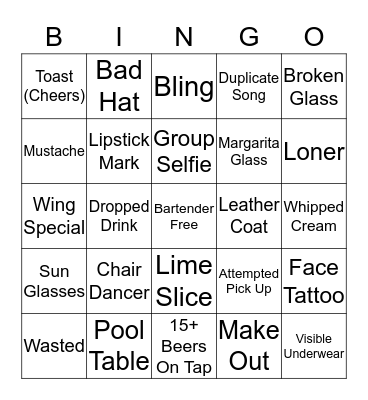 Pub Crawl Bingo Card