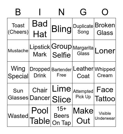 Pub Crawl Bingo Card