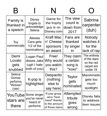 Radio Disney Music Awards 2018 Bingo Card