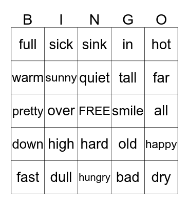 Antonym Bingo Card