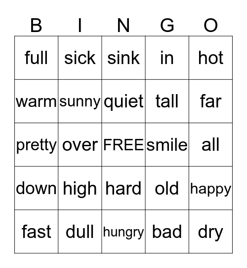 Antonym Bingo Card