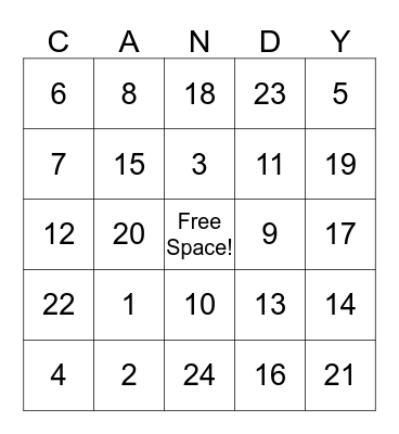 Rachel's Candy Bingo Card