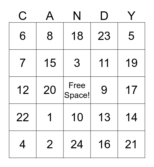 Rachel's Candy Bingo Card
