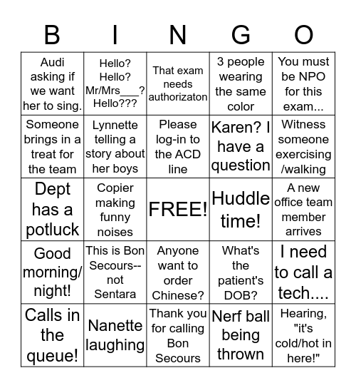 Central Scheduling/Coordination of Care Bingo Card