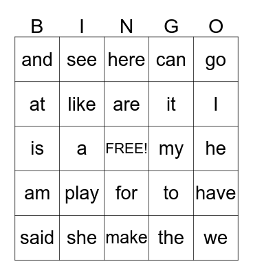 Sight words Bingo Card