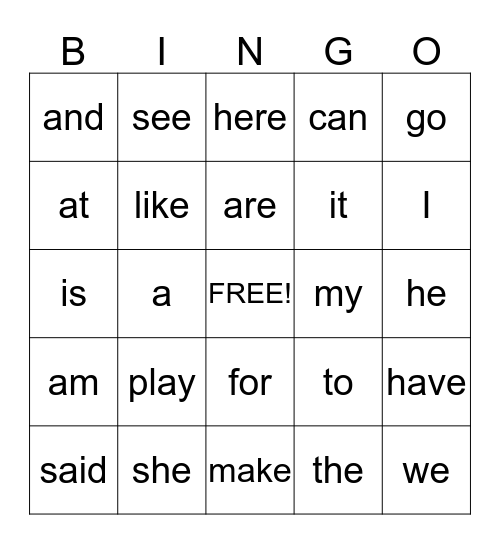 Sight words Bingo Card