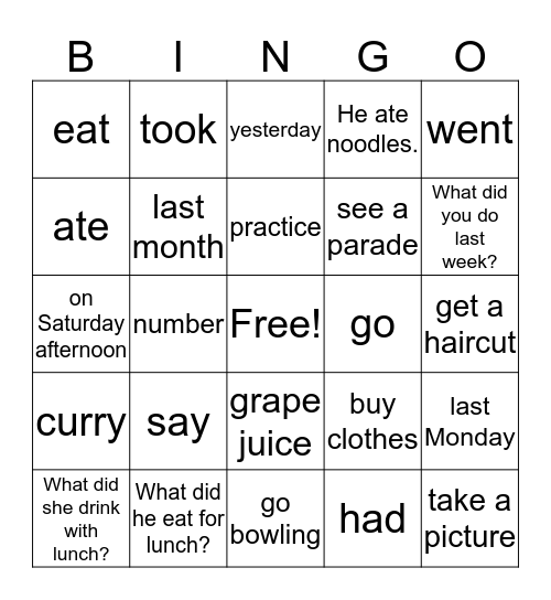 Unit 5 Lessons 1 and 2  Bingo Card