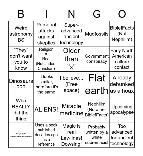 Fraudulent Archaeology Bingo Card