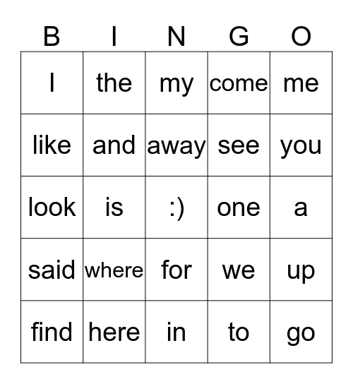 Sight Word Bingo Card