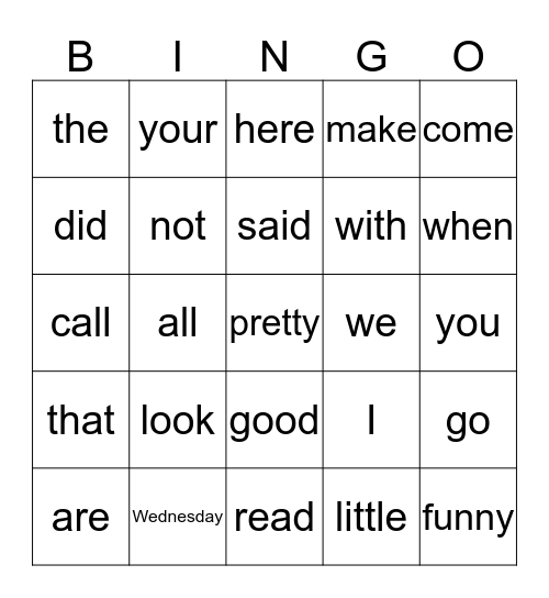 Sight Words Bingo Card