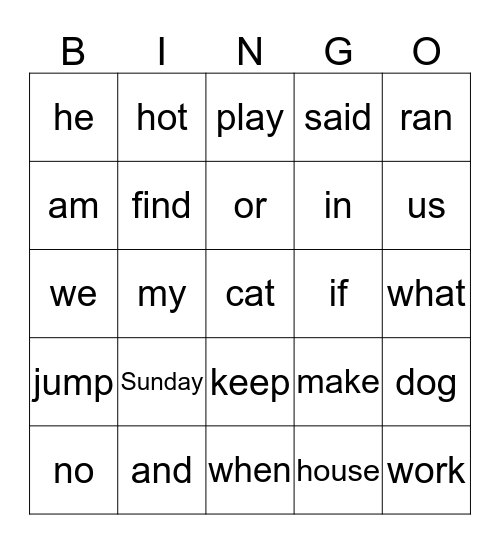 Sight Words Bingo Card