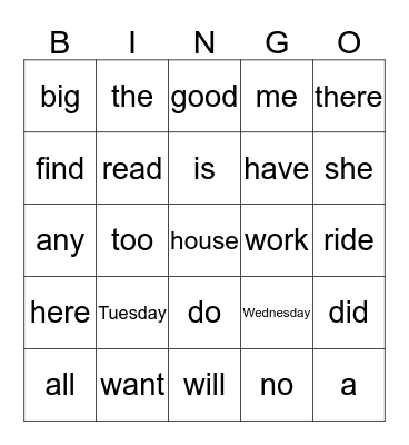 Sight Words Bingo Card