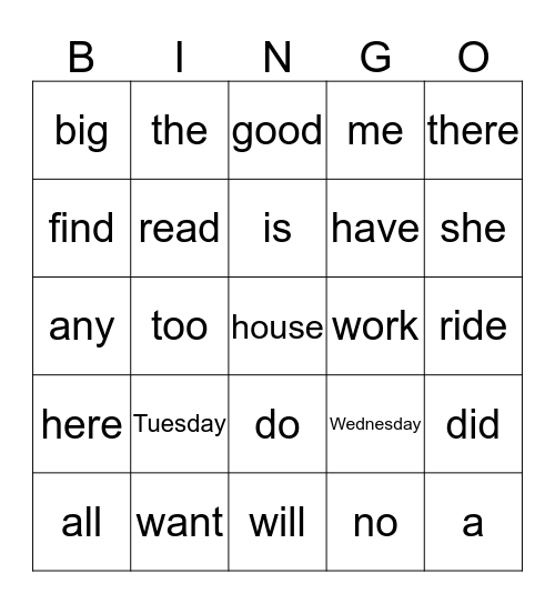Sight Words Bingo Card