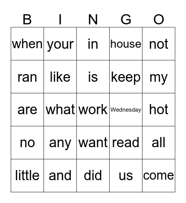 Sight Words Bingo Card