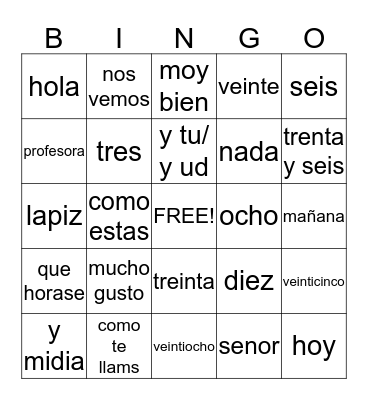 spanish bingo Card