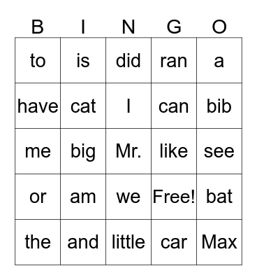 Conor's Sight Words Bingo Card