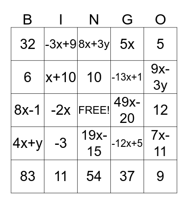 Algebra Bingo Card