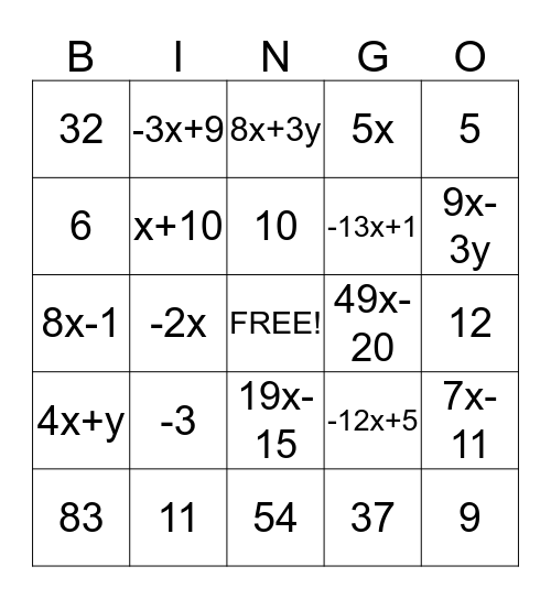 Algebra Bingo Card